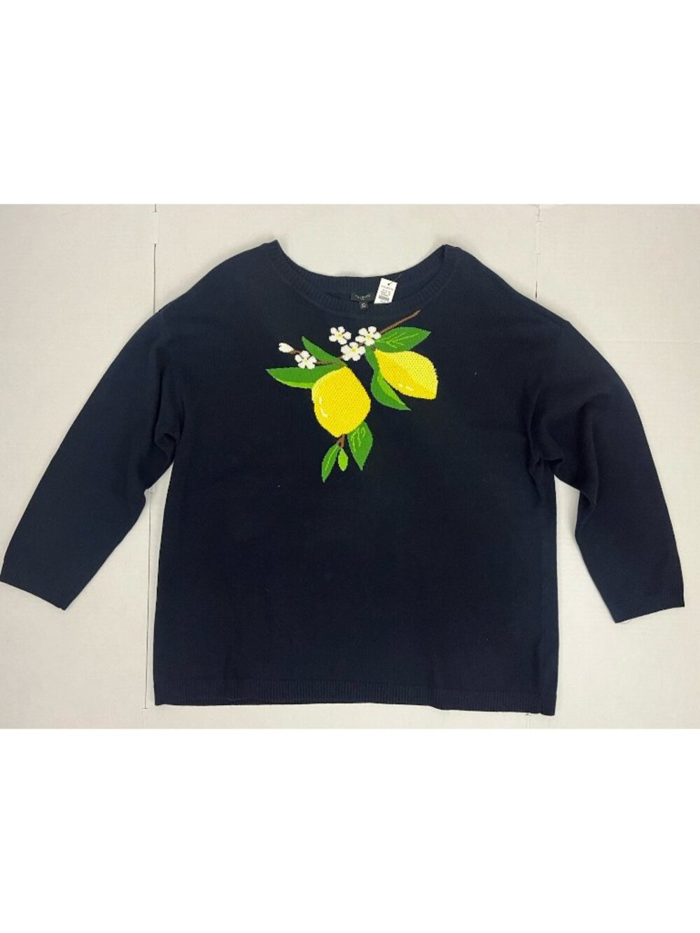 Talbots Women's 2X Fresh Lemons Intarsia Sweater Navy Blue Preppy Crewneck NWT